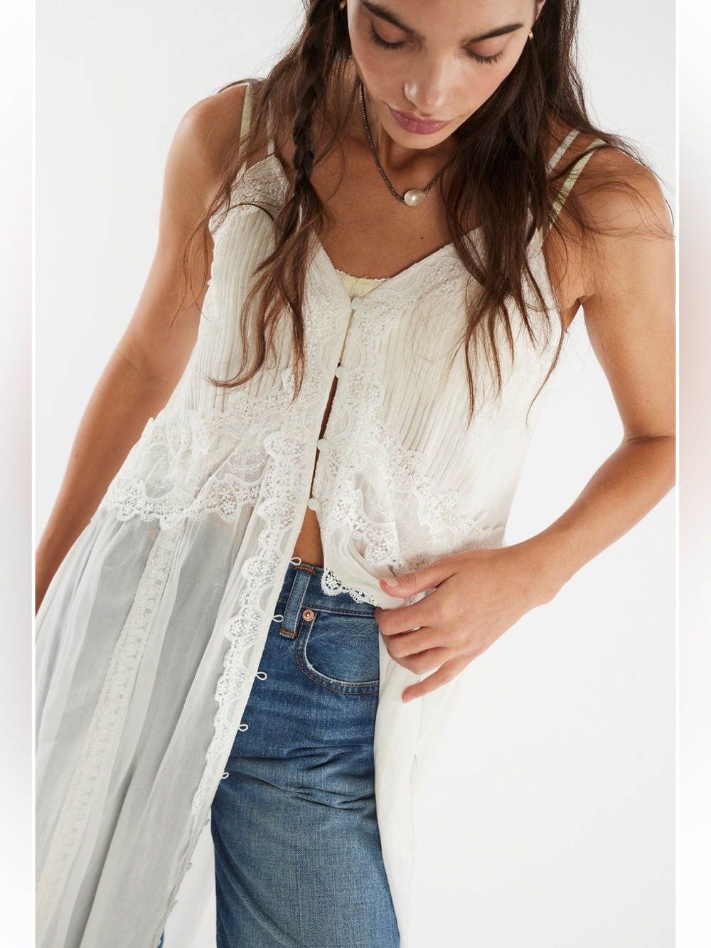 new Free People Snowbird Maxi lace trim button down top in ivory off white - Picture 2 of 14